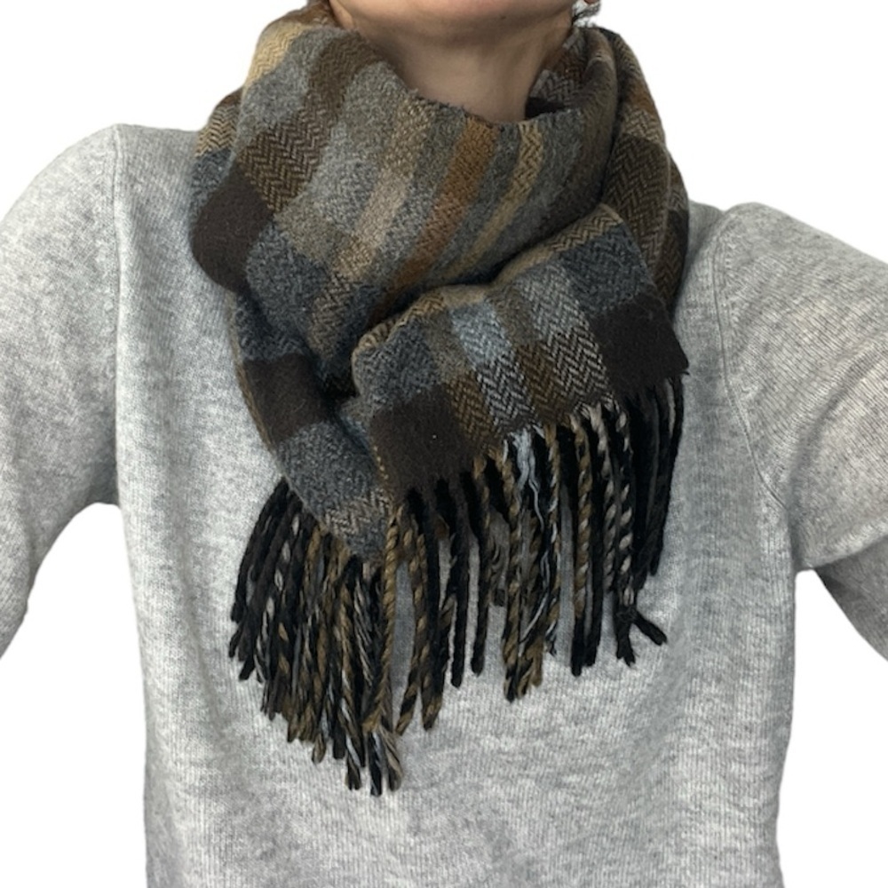 V FRASS Germany classic brown gray black herringbone plaid cashmink scarf